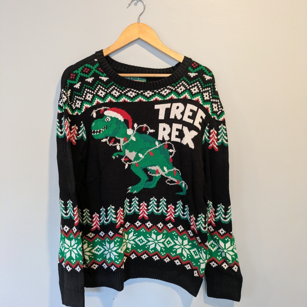 Ugly Christmas Sweater - Black and Green Tree Rex